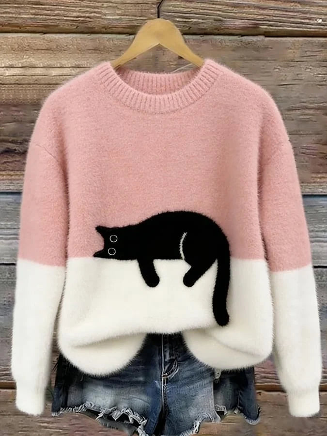 Women's oversized sweater with color block design and cat motif 1