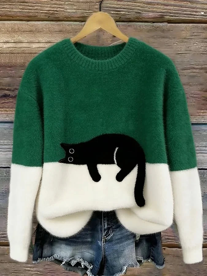 Women's oversized sweater with color block design and cat motif 3