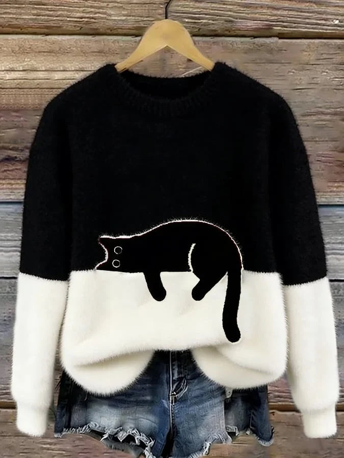 Women's oversized sweater with color block design and cat motif 4