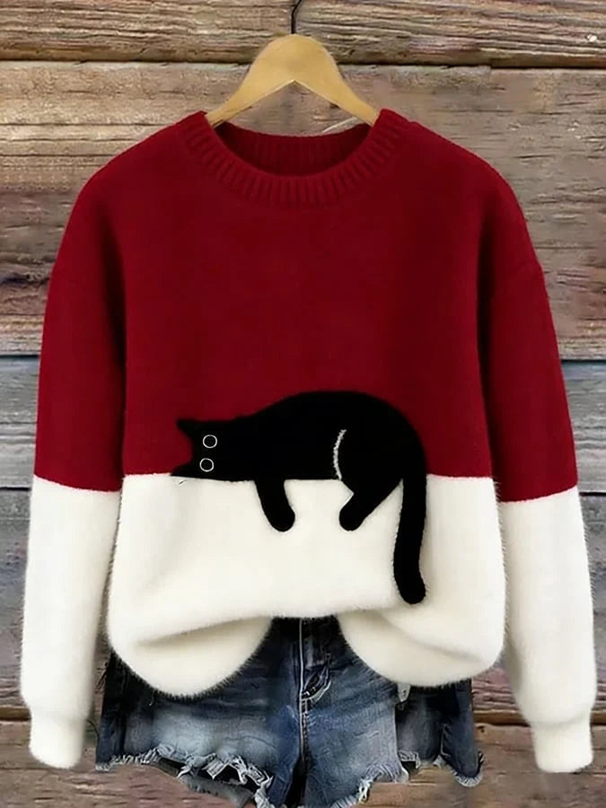 Women's oversized sweater with color block design and cat motif 5
