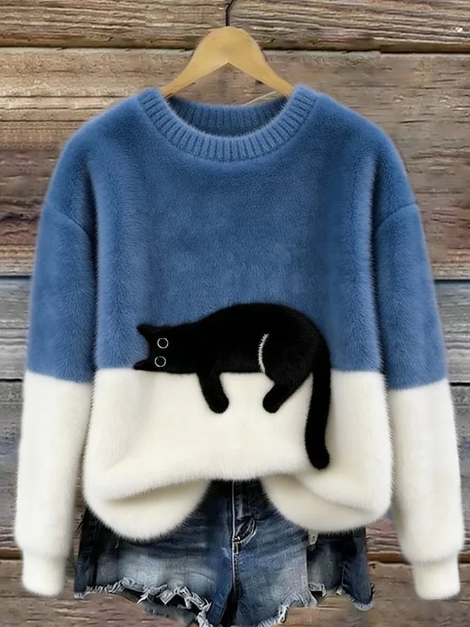 Women's oversized sweater with color block design and cat motif 7