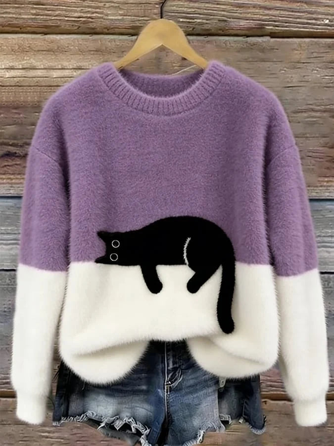 Women's oversized sweater with color block design and cat motif 9