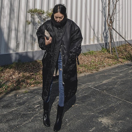 Women's padded longline coat with high stand-up collar and quilted seams 4